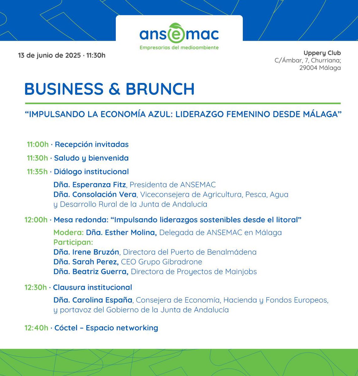 🌊 El 13 de junio tenemos cita en Málaga:

📌 Business &amp; Brunch
“Impulsando la economía azul: liderazgo femenino”

✅ Diálogo institucional, mesa redonda y networking.

Inscripciones abiertas (aforo limitado).
#EconomíaAzul #LiderazgoFemenino #Sostenibilidad #ANSEMAC #Networking