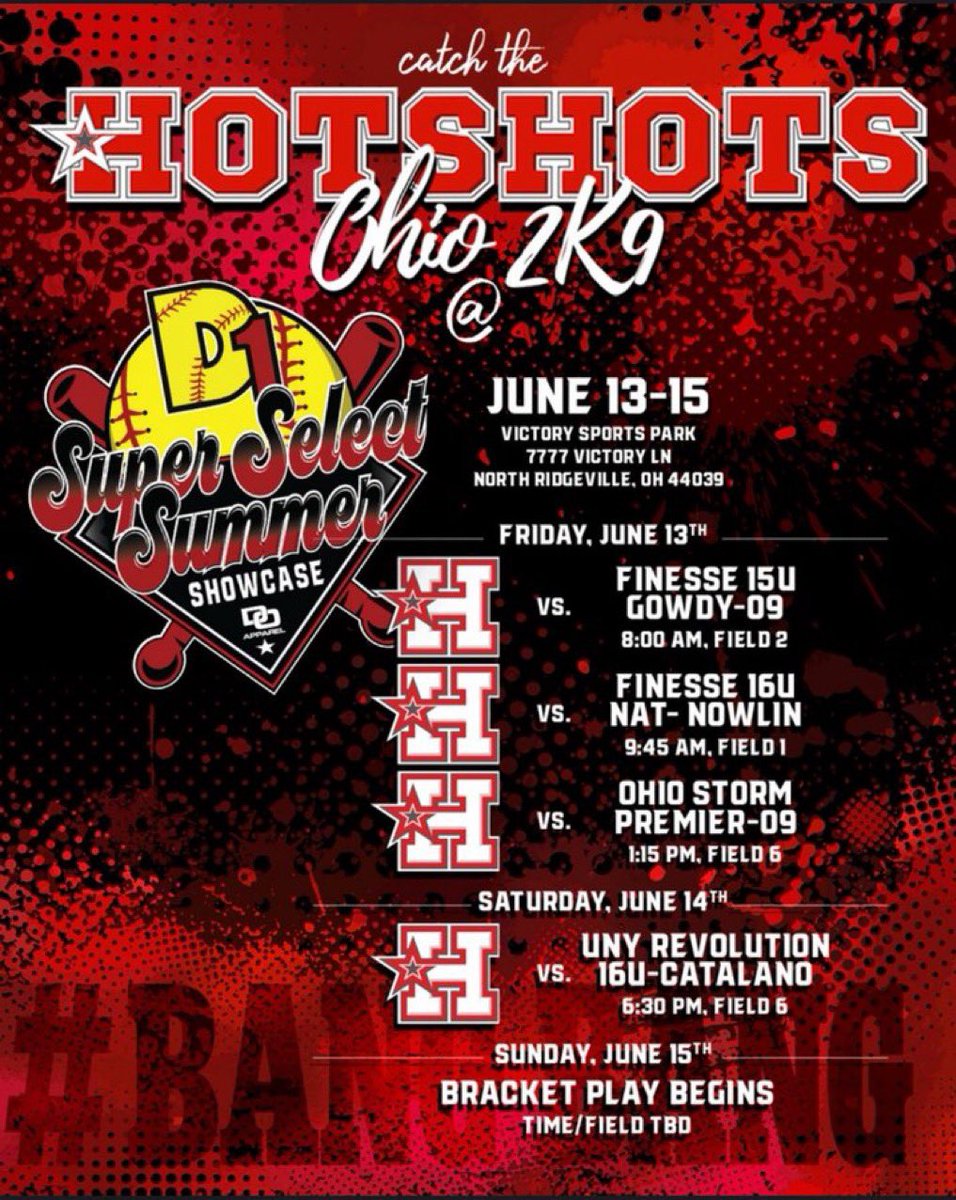 Ireland Rainey (@irainey2027) on Twitter photo Looking forward to a great weekend in North Ridgeville for the D1 Super Select Summer Showcase!
<a href="/HotshotsOhio2K9/">Hotshots Ohio 2K9 Premier -Webster</a> <a href="/PennStateSB/">Penn State Softball</a> <a href="/coach_crowell/">Clarisa Crowell</a> <a href="/LibertySB/">Liberty Softball</a> <a href="/CoachDot_LU/">Dot Richardson</a> <a href="/AlabamaSB/">Alabama Softball</a> <a href="/UACoachMurphy/">Patrick Murphy</a> Looking forward to a great weekend in North Ridgeville for the D1 Super Select Summer Showcase!
<a href="/HotshotsOhio2K9/">Hotshots Ohio 2K9 Premier -Webster</a> <a href="/PennStateSB/">Penn State Softball</a> <a href="/coach_crowell/">Clarisa Crowell</a> <a href="/LibertySB/">Liberty Softball</a> <a href="/CoachDot_LU/">Dot Richardson</a> <a href="/AlabamaSB/">Alabama Softball</a> <a href="/UACoachMurphy/">Patrick Murphy</a>