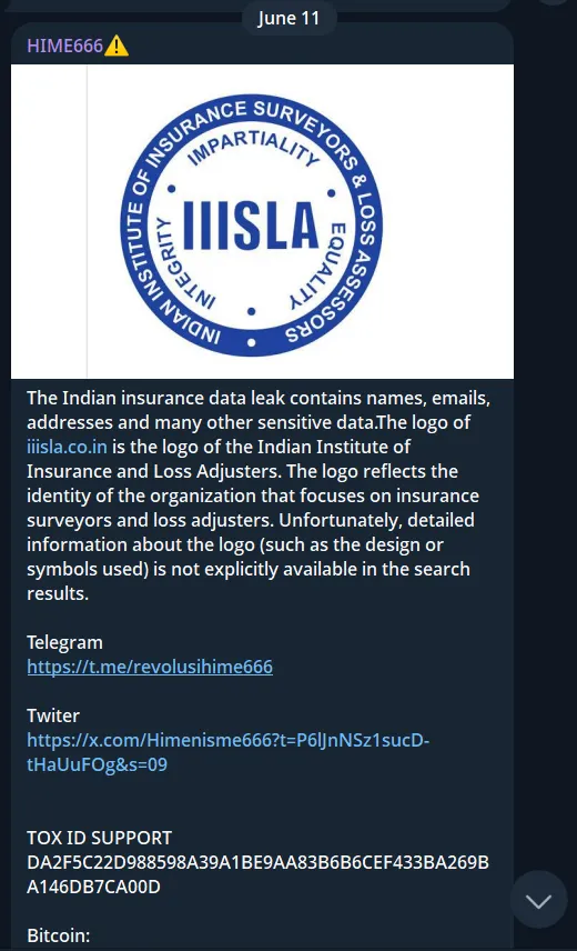 Team_D4rkn3ttz's tweet photo. New attack reported by #D4rkn3ttz
A new cyberattack has been claimed by #HIME666 targeting the Indian Institute of Insurance Surveyors and Loss Assessors (#IIISLA), a key institution that certifies and oversees insurance loss adjusters in #India.
No leaked data has been released yet, but the situation is still developing and requires monitoring.
#India #CyberThreat #InsuranceSector #Hacktivism #HIME666