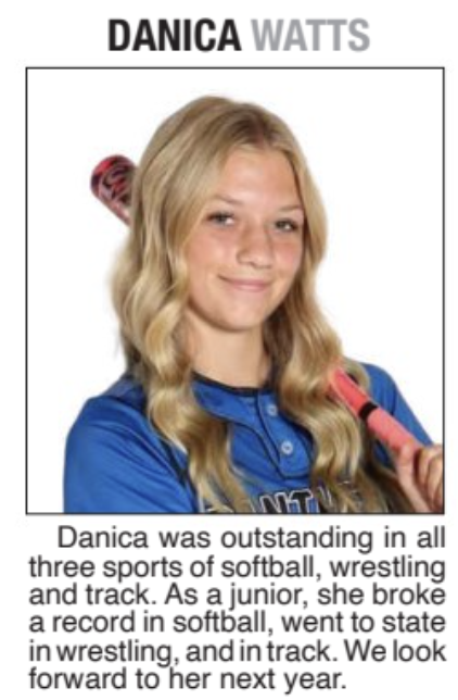 SRC Huskies (@srchuskies) on Twitter photo π₯ πββοΈ π€ΌββοΈ Athlete of the Yearπ€ΌββοΈ πββοΈπ₯
Congratulations to Danica Watts for being named the Polk County News Athlete of the Year!
She was outstanding in all three sports of softball, wrestling, & track. She broke records in softball/track, & went to state in wrestling! π₯ πββοΈ π€ΌββοΈ Athlete of the Yearπ€ΌββοΈ πββοΈπ₯
Congratulations to Danica Watts for being named the Polk County News Athlete of the Year!
She was outstanding in all three sports of softball, wrestling, & track. She broke records in softball/track, & went to state in wrestling!