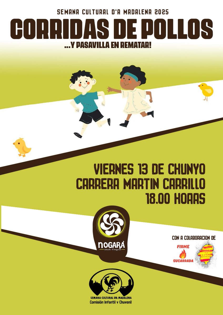 🏃🏻‍♀️🏃🏻‍♂️ Este viernes no tos podez perder a tradicional "Corridas de Pollos" que #Nogara organiza como empecipie d'a Semana Cultural d'a Madalena '25
No tos lo podez perder! Cultura popular, musica, esporte y #aragonés
