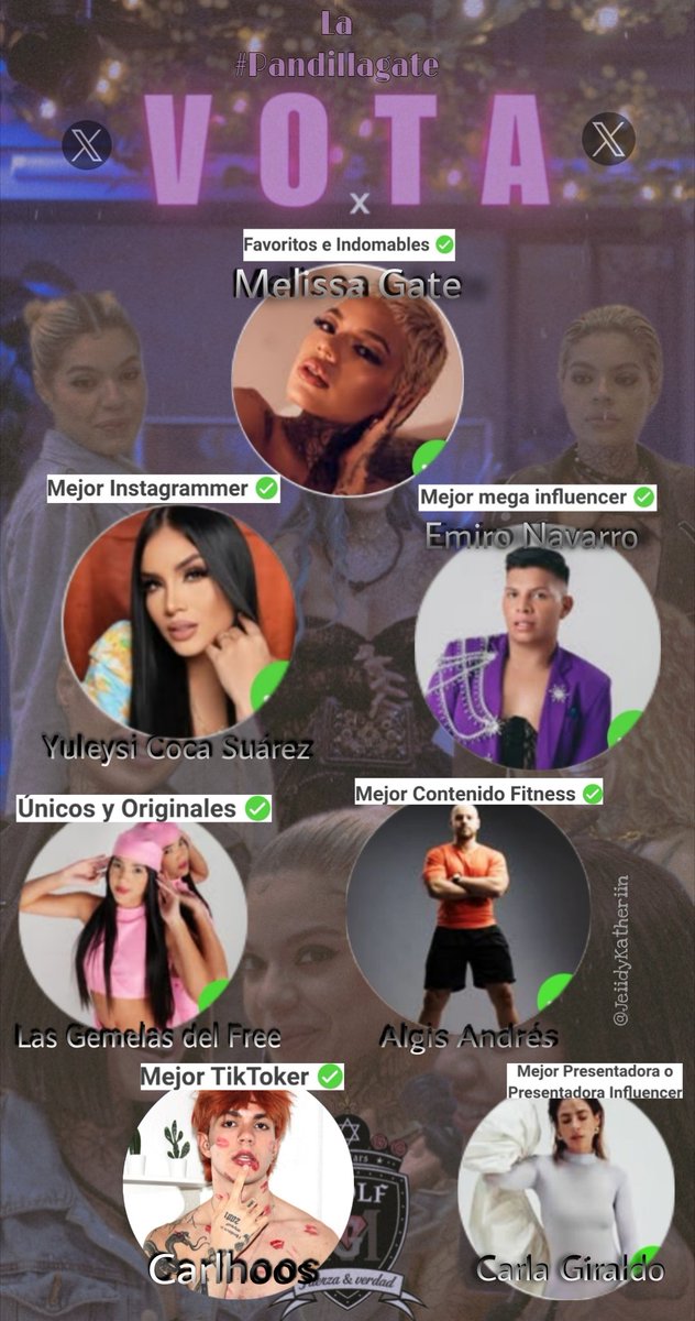 #PandillaGate debido a la cantidad de comentarios y mensajes, el llamado por la misma comunidad fue incluir algunos participantes que queremos, conocemos y apoyaron a meli en su momento así q aquí en nuestra de agradecimiento y cariño están los que quieran votar por ellos 🖤👑