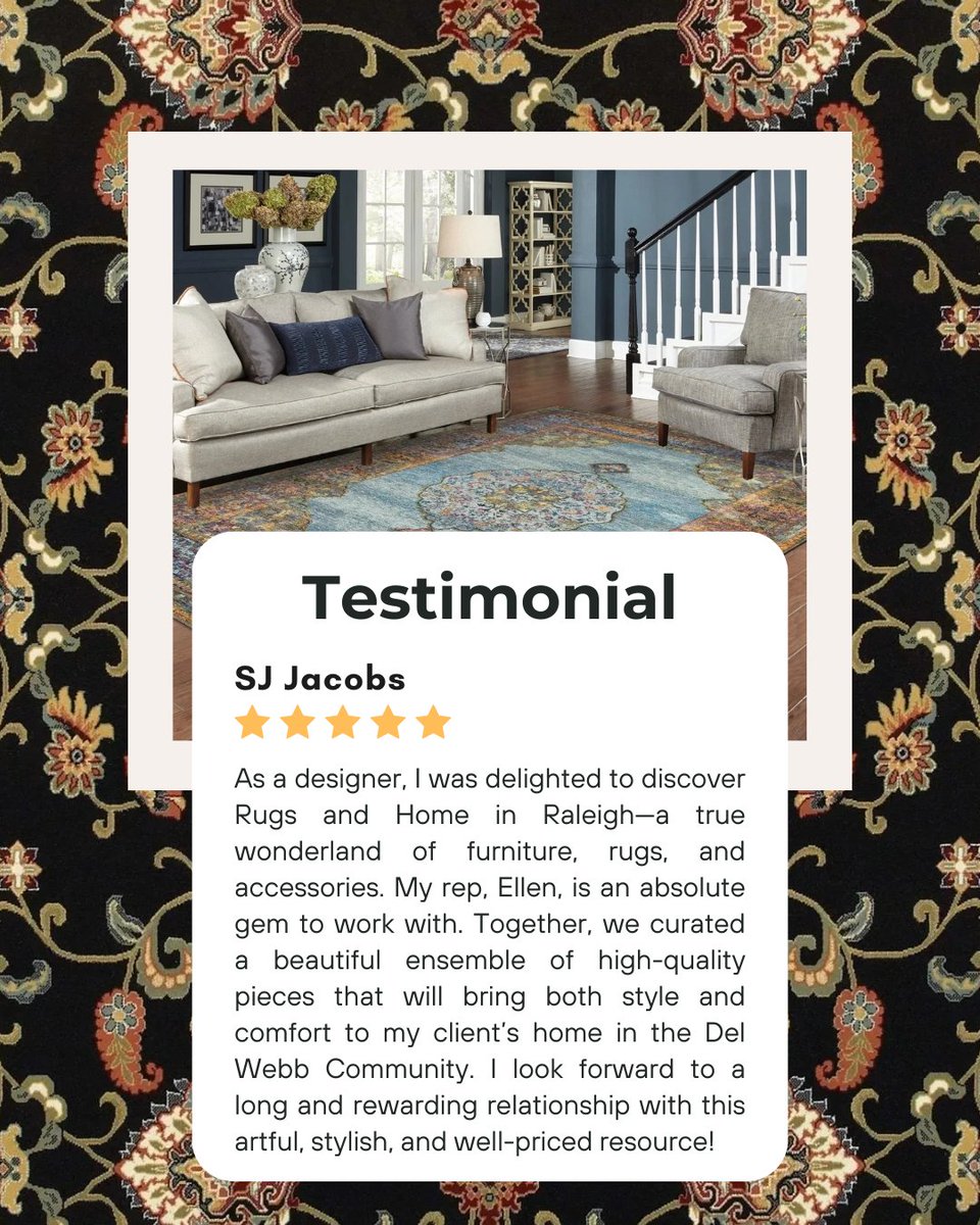 What a fantastic review from SJ Jacobs! We're so glad they found their 'wonderland' in our Raleigh showroom and appreciate Ellen for being an 'absolute gem' in helping curate a beautiful home. We value every relationship and look forward to many more happy clients!