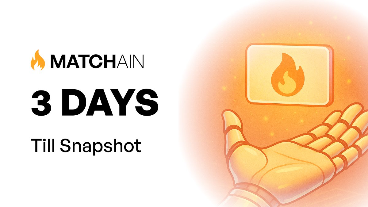 📸 3 DAYS LEFT till the Matchain Snapshot!

🔥 All your actions — verifying MatchID, claiming NFTs, joining campaigns, using dApps — will count toward the airdrop.

⏳ Still time to make it count.
Get active. Get rewarded.