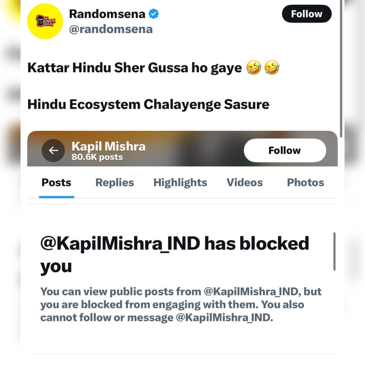 mohitlaws's tweet photo. BJP Leader Kapil Mishra has blocked @randomsena to show his support for #BlockHate campaign.😂 https://t.co/rvysrw0cc8