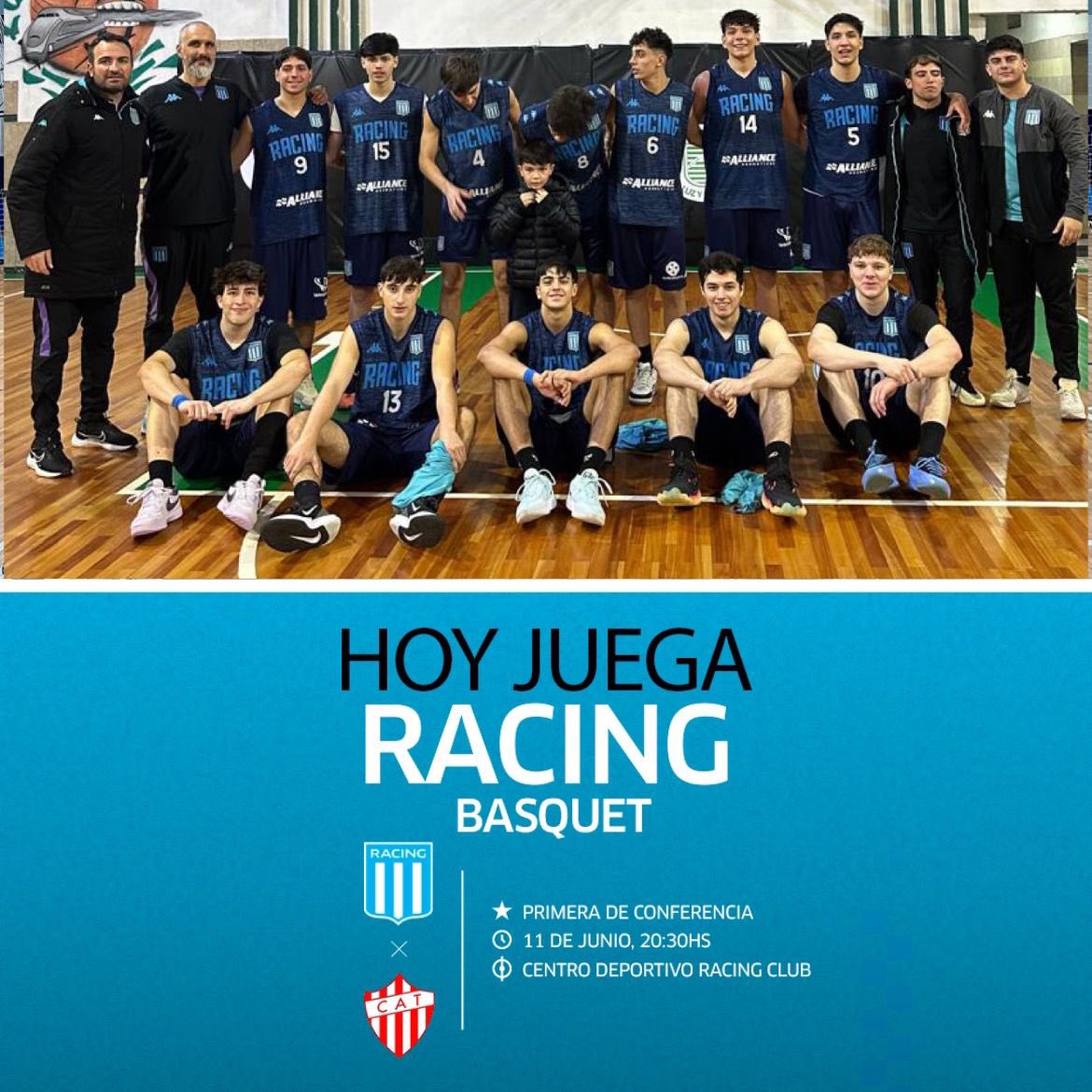 𝗛𝗢𝗬 𝗝𝗨𝗘𝗚𝗔 𝗥𝗔𝗖𝗜𝗡𝗚!👊🏼

🆚 Talleres  
🗓️11/06
🕘 20:30hs 
📍Centro Deportivo Racing Club 

#vamosracing💙