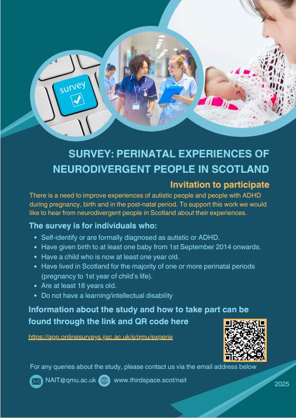 slt_fv's tweet image. NAIT (the National Autism Implementation Team) are looking for information about the experience of neurodivergent people in pregnancy, birth and the postnatal period.
If you'd like to participate, follow the link or scan the QR code
nait.scot/news-and-event…