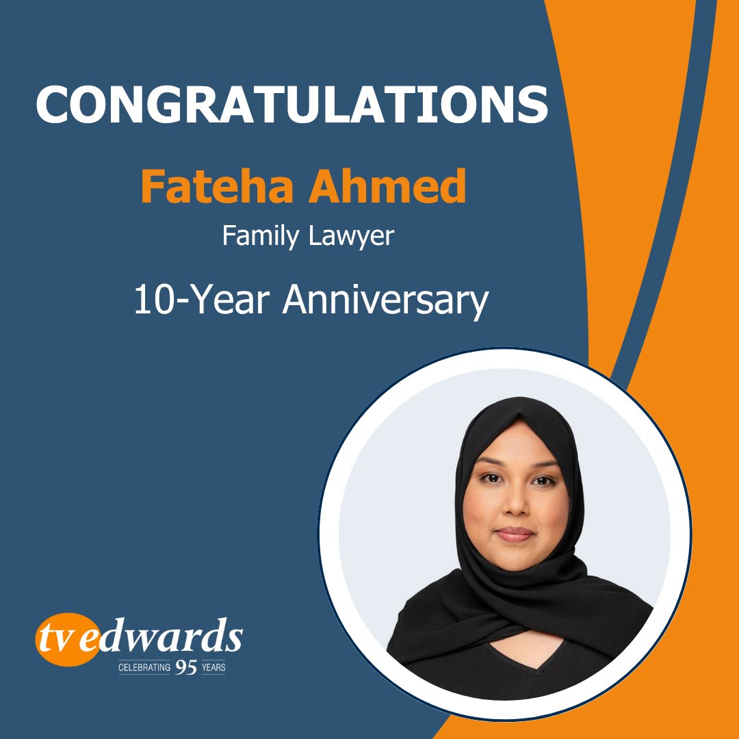 Huge congratulations to Family Lawyer Fateha Ahmed on 10 years with TV Edwards! 

Fateha’s professionalism, empathy &amp; dedication have made a real difference to the families she supports. We’re proud to have her on our team!

Thank you, Fateha! 👏

#WorkAnniversary #FamilyLawyer