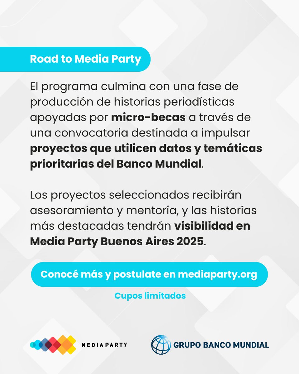 Media Party🎉 (@mediapartyorg) on Twitter photo Datos, visualizaciones e IA para contar historias 🤖🛠
Camino a #MediaParty 🎉 Buenos Aires, junto al <a href="/BancoMundialArg/">Banco Mundial Argentina</a> lanzamos un innovador programa de capacitación con talleres y micro-becas para proyectos periodísticos.
Conocé más y postulate 👇
mediaparty.org Datos, visualizaciones e IA para contar historias 🤖🛠
Camino a #MediaParty 🎉 Buenos Aires, junto al <a href="/BancoMundialArg/">Banco Mundial Argentina</a> lanzamos un innovador programa de capacitación con talleres y micro-becas para proyectos periodísticos.
Conocé más y postulate 👇
mediaparty.org