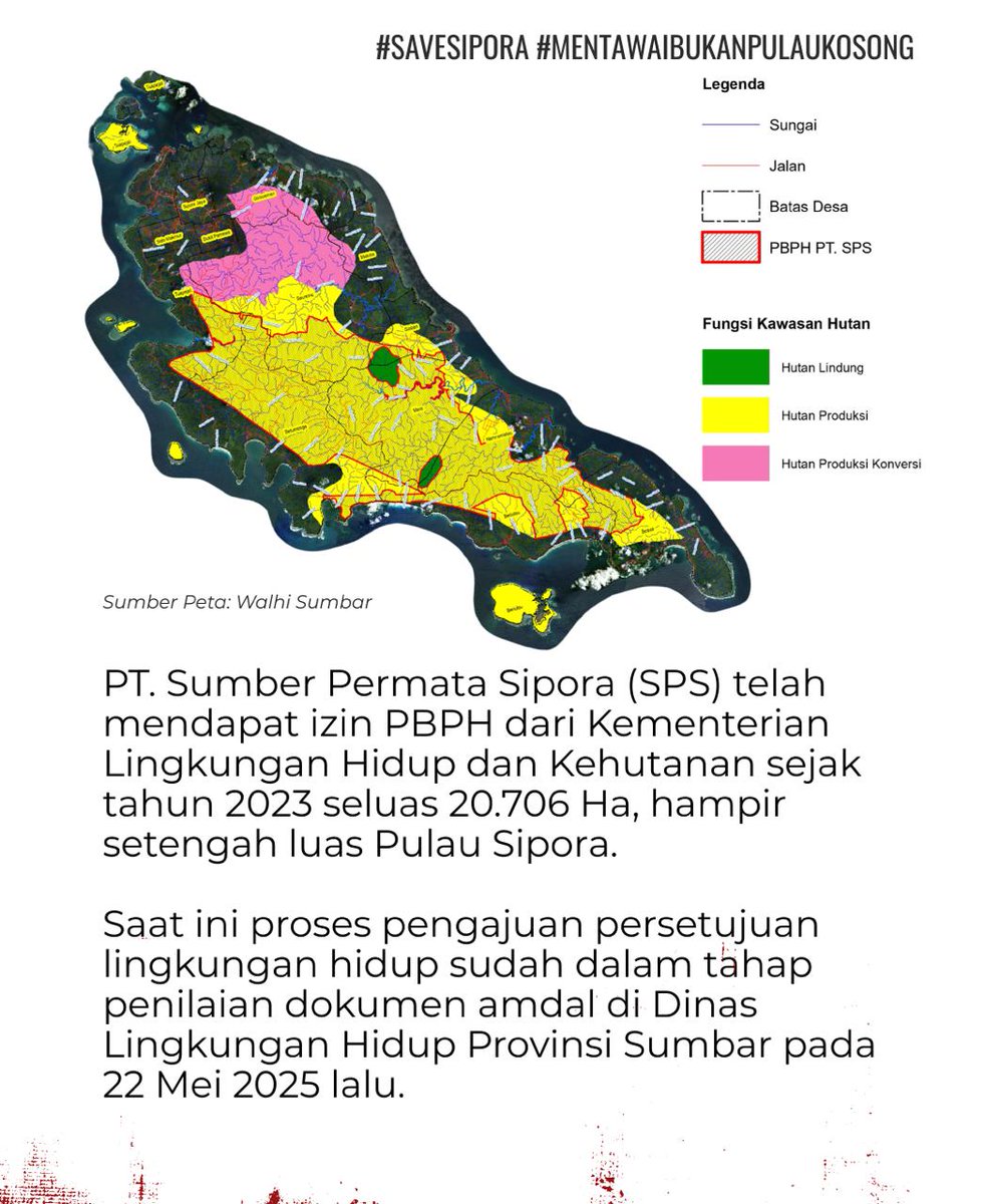 Mentawai juga direncanakan akan dihancurkan selayaknya raja ampat dihancurkan. Hutan yang menjadi ruang penghidupan masyarakat mentawai akan dibabat habis melalui perizinan yang dimiliki oleh PT. Sipora Permata Sejahtera.

#Mentawaibukanpulaukosong
#savesipora