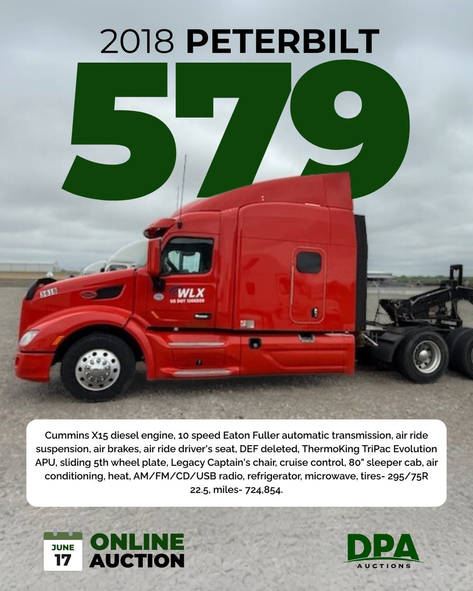📣 UP NEXT: June 17th Online Auction

🔥 Fleet upgrade time?

This Peterbilt 579 has 724K miles, Eaton Fuller auto, ThermoKing APU, fridge, microwave &amp; more.

View Listing: dpaauctions.com/servlet/Search…

Full Auction: bit.ly/4kuNeXs