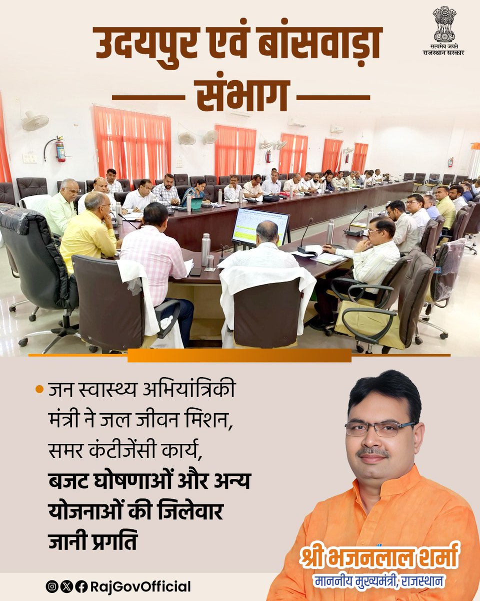 जन स्वास्थ्य अभियांत्रिकी मंत्री श्री कन्हैयालाल चौधरी ने पीएचईडी, अतिरिक्त मुख्य अभियंता कार्यालय सभागार में, उदयपुर एवं बांसवाड़ा संभाग के विभागीय अधिकारियों की, संभाग स्तरीय समीक्षा बैठक ली। इस दौरान उन्होंने जल जीवन मिशन, समर कंटीजेंसी कार्य, बजट घोषणाओं और अन्य योजनाओं की,