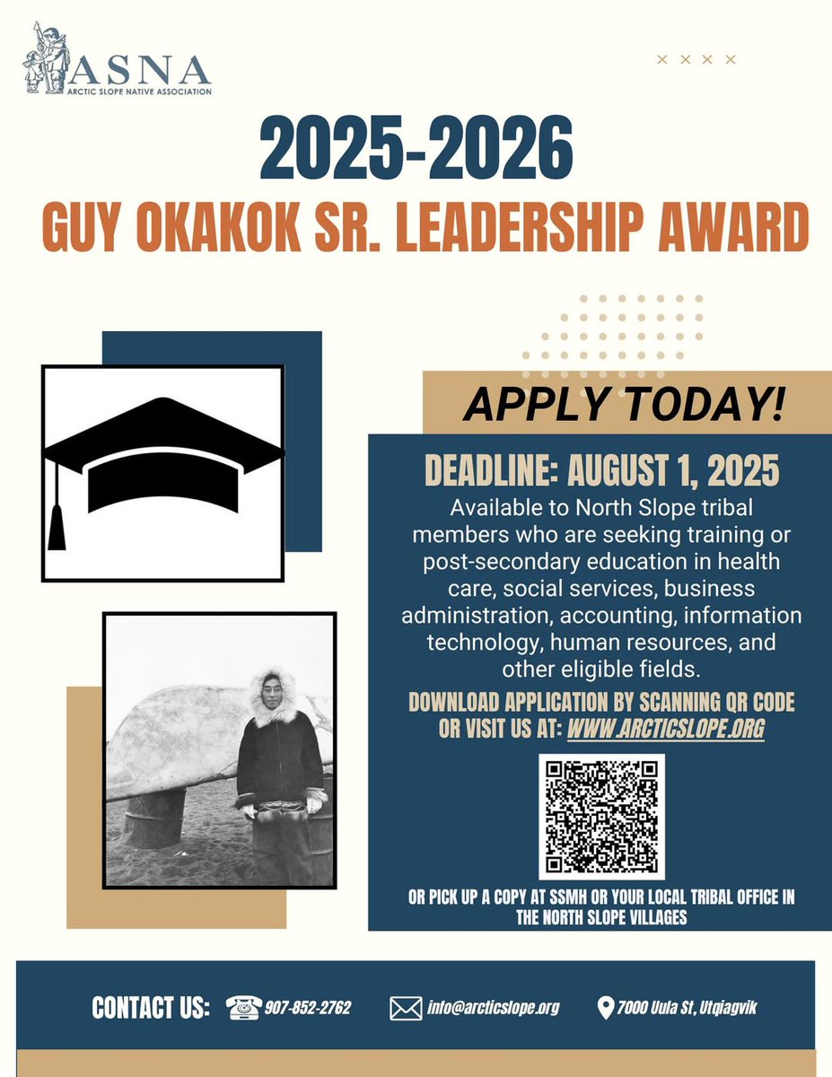 Applications for the Guy Okakok Sr. Leadership Award are OPEN! Organized by VOICE member the Arctic Slope Native Association, the scholarship helps eligible North Slope tribal members afford post-secondary education in health care, social services, and more!

Apply by August 1!