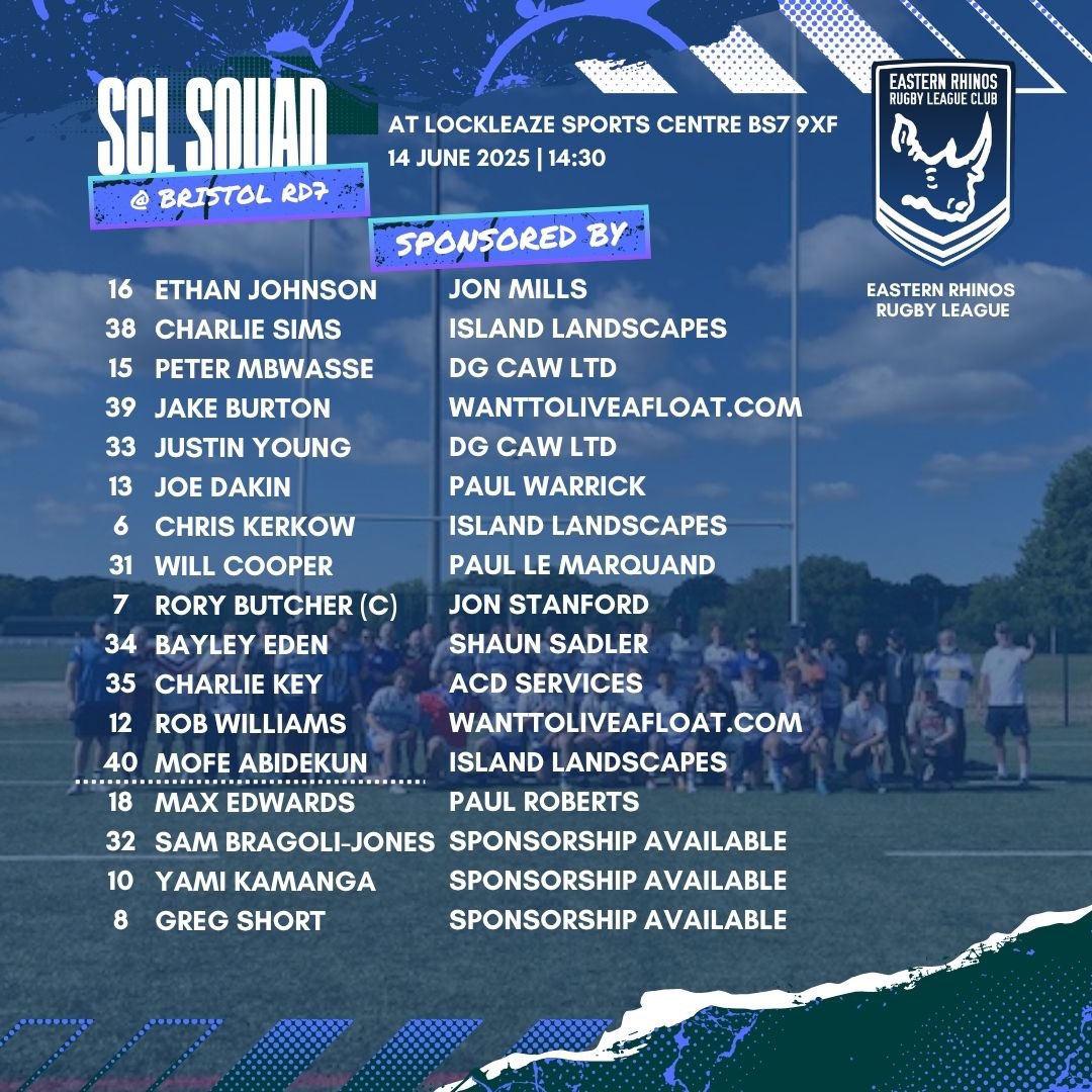 📣Squad announcement 
🆚<a href="/allgoldsrugby/">All Golds Rugby League</a> 
📍<a href="/LockleazeSport/">Lockleaze Sports Centre</a> 
🗓️Saturday 14 June⌚️2:30pm

#LetsgoRhinos

Thanks to our Sponsors👊
Island Landscapes
Dunmow Glass
Swift Scaffolding
LGP Electrical
ACD Services
Centillion Solutions
RTG Group
Jones &amp; Whymark
Cited Property