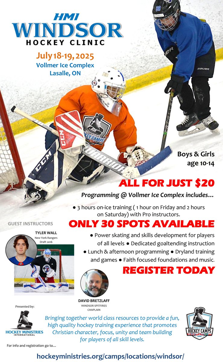 _HMI_'s tweet image. 🏒 Calling all hockey players aged 10–14 in the Windsor, Ontario area for a brand new clinic we're launching in collaboration with Tyler Wall (NY Rangers Draft Pick)!
🔥 Only 30 spots available, for a very special subsidized price of just $20!
hockeyministries.org/camps/location…