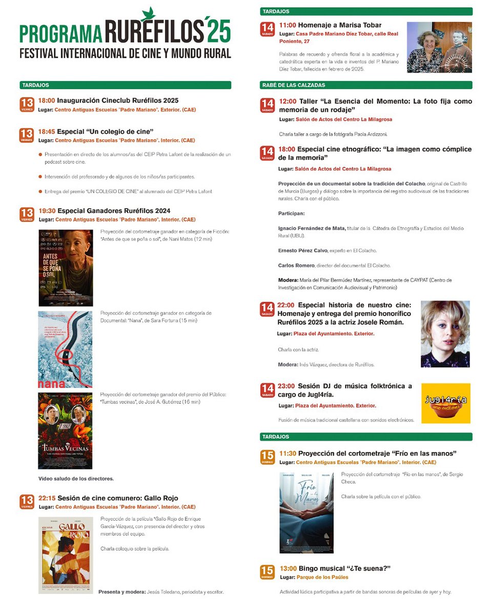 🎥ESPECIAL CINE ETNOGRÁFICO

María del Pilar Bermúdez Martínez (CAYPAT) modera la proyección de El Colacho en Ruréfilos2025.

Diálogo abierto sobre la memoria audiovisual y las tradiciones rurales.

🗓 14 JUN | 🕕 18:00 h 📍 Rabé de las Calzadas (Burgos)

#CineEtnográfico