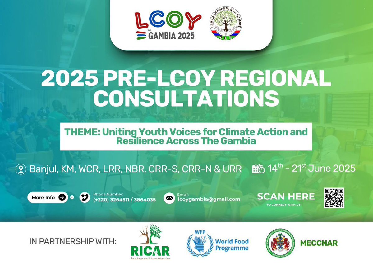 Get ready for the 2025 #PreLCOYGambia Regional Consultations, June 14–21! Events across Banjul, KM, WCR, LRR, NBR, CRR-S, CRR-N &amp; URR!

Unite youth voices for climate action &amp; resilience.

Supported by MECCNAR-RICAR Project &amp; the World Food Program. 📢

#GMBYouth4Climate