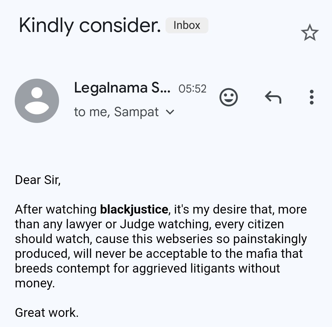 Black Justice - Web Series (@blackjustice23) on Twitter photo Another Great Feedback for Webseries Black Justice. We are trying as hard as we can that it reaches the masses which propll <a href="/MLJ_GoI/">Ministry of Law and Justice</a> <a href="/PMOIndia/">PMO India</a> <a href="/AmitShahOffice/">Office of Amit Shah</a> to come forward to bring in reforms, mention in #Blackjustice
<a href="/DeepikaBhardwaj/">Deepika Narayan Bhardwaj</a> <a href="/monicagarkhel/">Monica Garkhel</a> <a href="/DrKapilKakar/">Dr Kapil Kakar</a> Another Great Feedback for Webseries Black Justice. We are trying as hard as we can that it reaches the masses which propll <a href="/MLJ_GoI/">Ministry of Law and Justice</a> <a href="/PMOIndia/">PMO India</a> <a href="/AmitShahOffice/">Office of Amit Shah</a> to come forward to bring in reforms, mention in #Blackjustice
<a href="/DeepikaBhardwaj/">Deepika Narayan Bhardwaj</a> <a href="/monicagarkhel/">Monica Garkhel</a> <a href="/DrKapilKakar/">Dr Kapil Kakar</a>