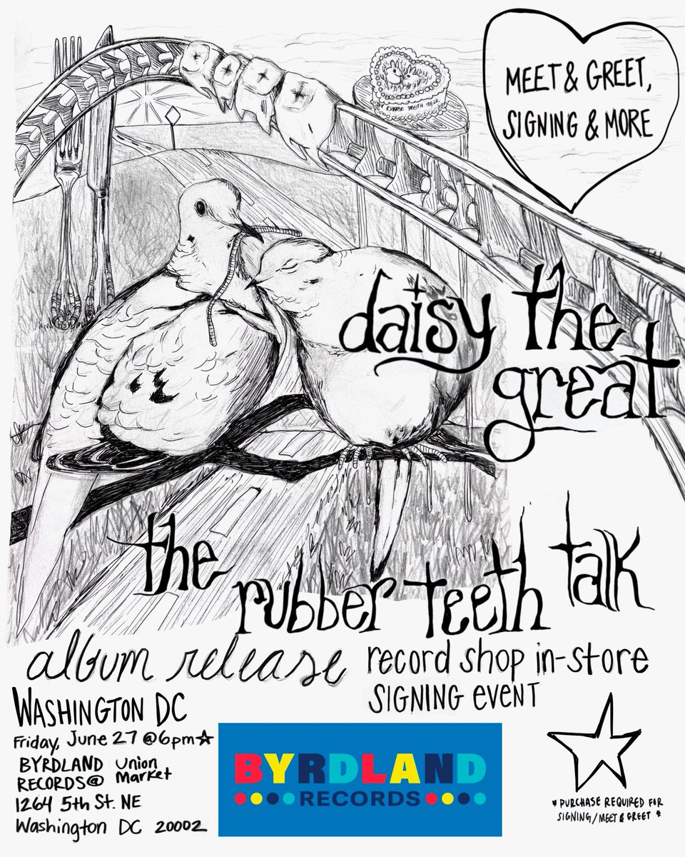 Byrdland Records (@byrdlandrecords) on Twitter photo DC!! JUST ANNOUNCED! Join Daisy the Great (<a href="/DaisyTheGreat/">Daisy the Great</a>) live in-store on 6/27 for a release day celebration of their new album "The Rubber Teeth Talk"! Album signing, meet & greet and acoustic performance!
INFO/ALBUM PRE-ORDER > link.dice.fm/f41b42791e66 DC!! JUST ANNOUNCED! Join Daisy the Great (<a href="/DaisyTheGreat/">Daisy the Great</a>) live in-store on 6/27 for a release day celebration of their new album "The Rubber Teeth Talk"! Album signing, meet & greet and acoustic performance!
INFO/ALBUM PRE-ORDER > link.dice.fm/f41b42791e66