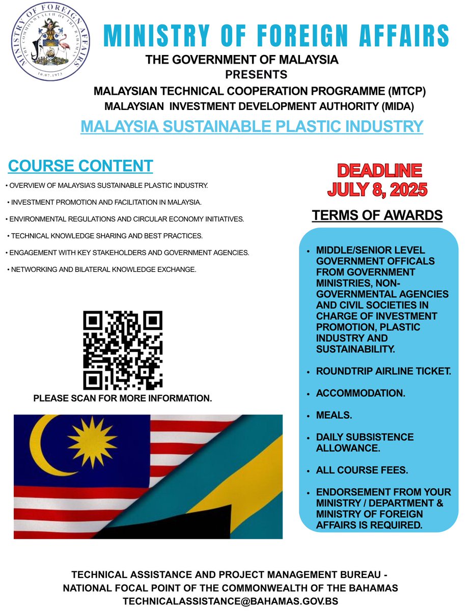 Bahamians are invited to apply for scholarships to study in Malaysia. The deadline is 8th July.

🇧🇸 🇲🇾