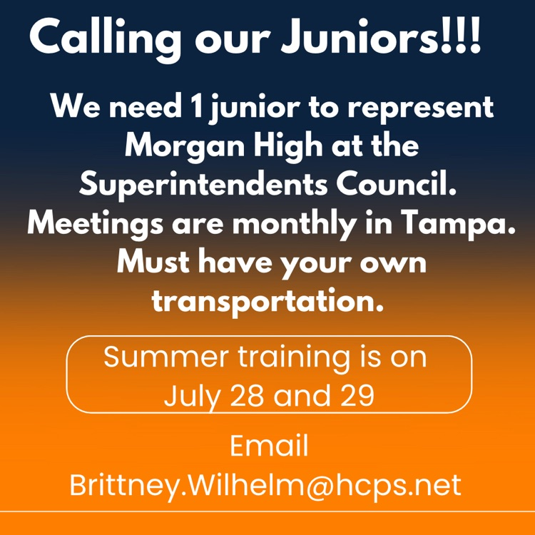 Aquilla J. Morgan High School (@hcps_morganhs) on Twitter photo Are you a Junior and interested in representing Morgan? Email Brittney.wilhelm@hcps.net if you are interested. We only have 1 spot. #GoBigBlue Are you a Junior and interested in representing Morgan? Email Brittney.wilhelm@hcps.net if you are interested. We only have 1 spot. #GoBigBlue