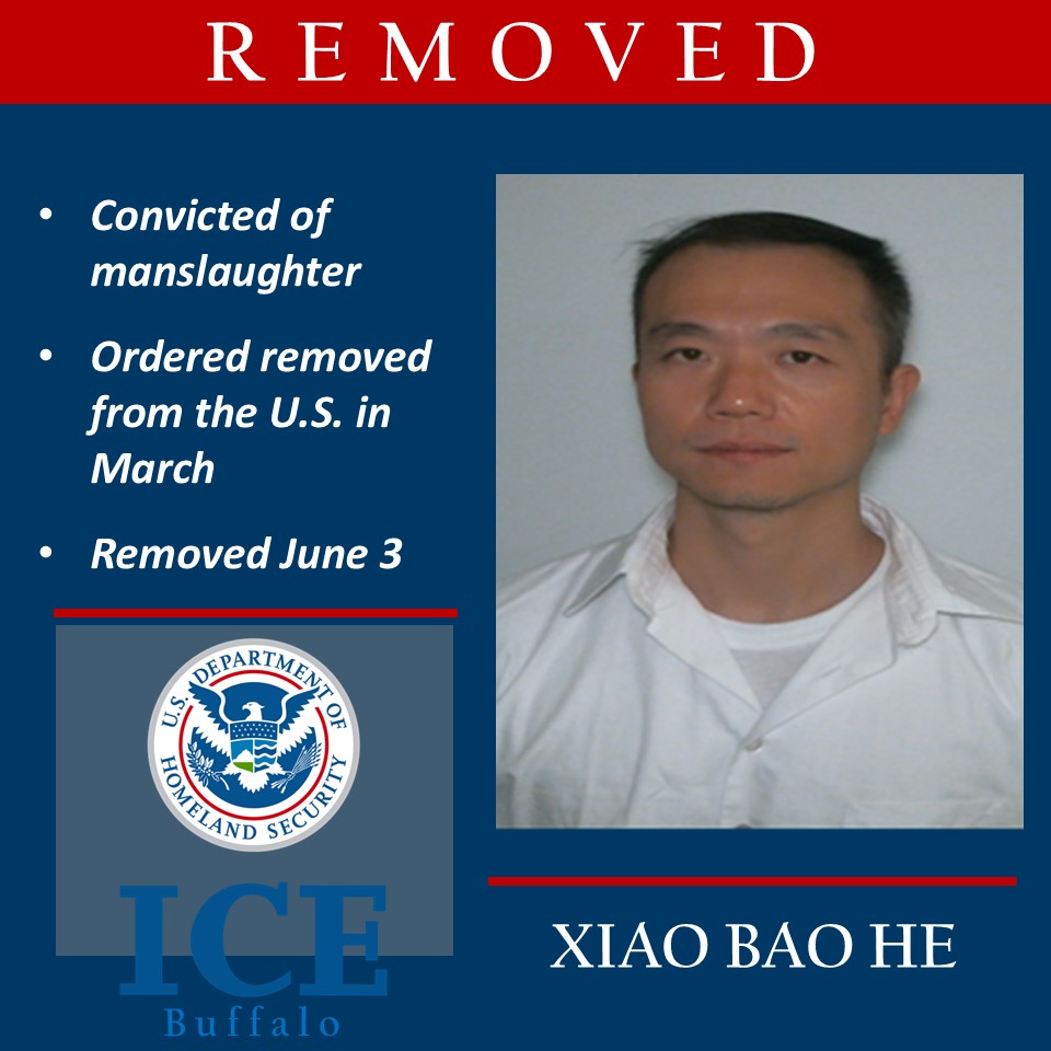 EROBuffalo's tweet image. ICE Buffalo removed Chinese national Xiao Bao He from the United States following a final order of removal issued by an immigration judge on March 28. Our communities are much safer when convicted felons are expeditiously sent back their home countries.