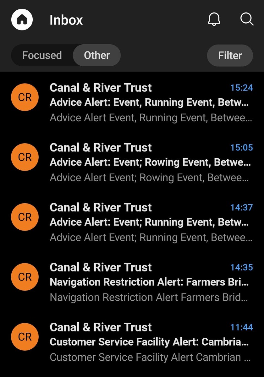 𝔻𝕒𝕧𝕚𝕕 𝔹𝕣𝕒𝕞𝕝𝕖𝕪 𝐧𝐛 𝐒𝐧𝐨𝐰𝐠𝐨𝐨𝐬𝐞 (@nb_snowgoose) on Twitter photo Five emails from CRT today, but need a crystal ball to know WHERE each one is. (Bottom two kind of got a clue)
Or spend an age opening and closing each one to see which canal they're on.
Surely <a href="/CRTBoating/">Canal & River Trust Boating</a> can get the canal name in the first six words ?? 🤷♂️ Five emails from CRT today, but need a crystal ball to know WHERE each one is. (Bottom two kind of got a clue)
Or spend an age opening and closing each one to see which canal they're on.
Surely <a href="/CRTBoating/">Canal & River Trust Boating</a> can get the canal name in the first six words ?? 🤷♂️