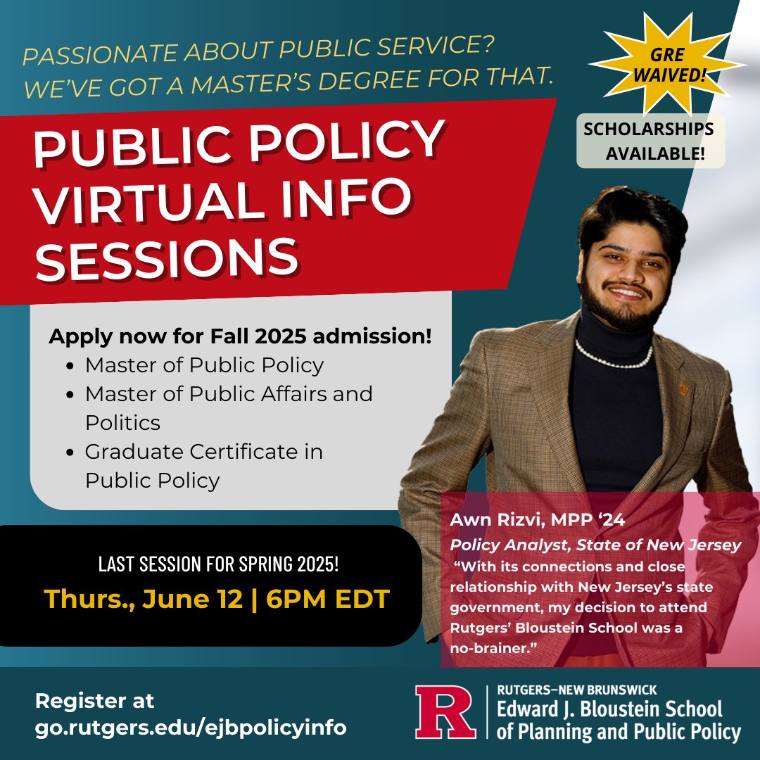 blousteinschool's tweet image. Interested in a career in #publicpolicy #publicservice #socialjustice? Register now for our final virtual info session 🌟 TOMORROW 🌟 Thurs. June 12 @ 6pm EDT to learn more about our Public Policy Master's and Certificate programs. More info and RSVP: go.rutgers.edu/ejbpolicyinfo