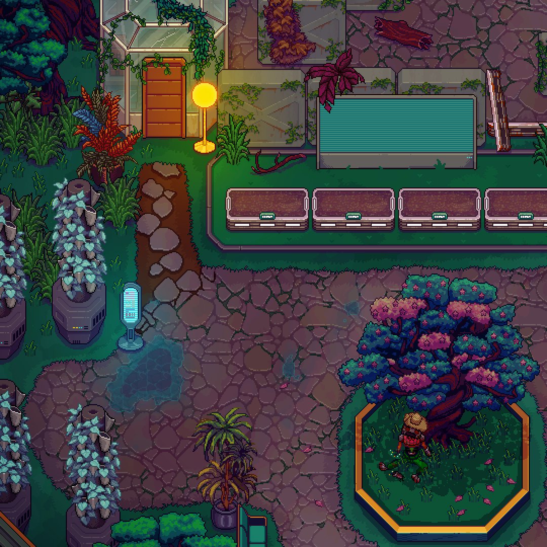 There are leafmilk trees in the hydroponics, and planters for growing a few simple things. A little garden shed as well 😍  Only the garden bot, well, try to fix it, okay? #thelosthotel #pixelart #retrogames #gamedevelopment #indiegame #indiegamedev #indiedev #pixelgame