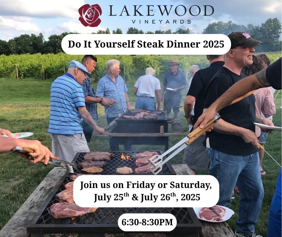 🔥 DIY Steak Dinners are back!
Grill your own steak, sip wine, and enjoy the vineyard!
🍷 1 bottle of wine per couple
🥩 Steak, sides &amp; dessert included
📅 July 25 &amp; 26 | 6:30–8:30 PM
🎟️ $60/person | $120/couple | $100 for Club couples
🔗 Grab tickets: bit.ly/45Mj11l