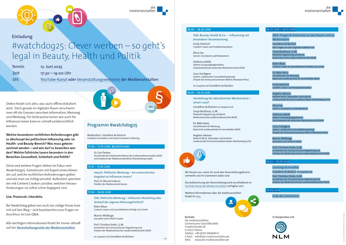 Information, Meinung oder Werbung? Gerade bei Gesundheit, Beauty &amp; Politik oft schwer zu erkennen. #watchdog25 klärt auf – mit Expert:innen &amp; Creators zu rechtl. Vorgaben im Netz.
Am 12.06., 17:30 Uhr live.
Alle Infos: die-medienanstalten.de/watchdog25/