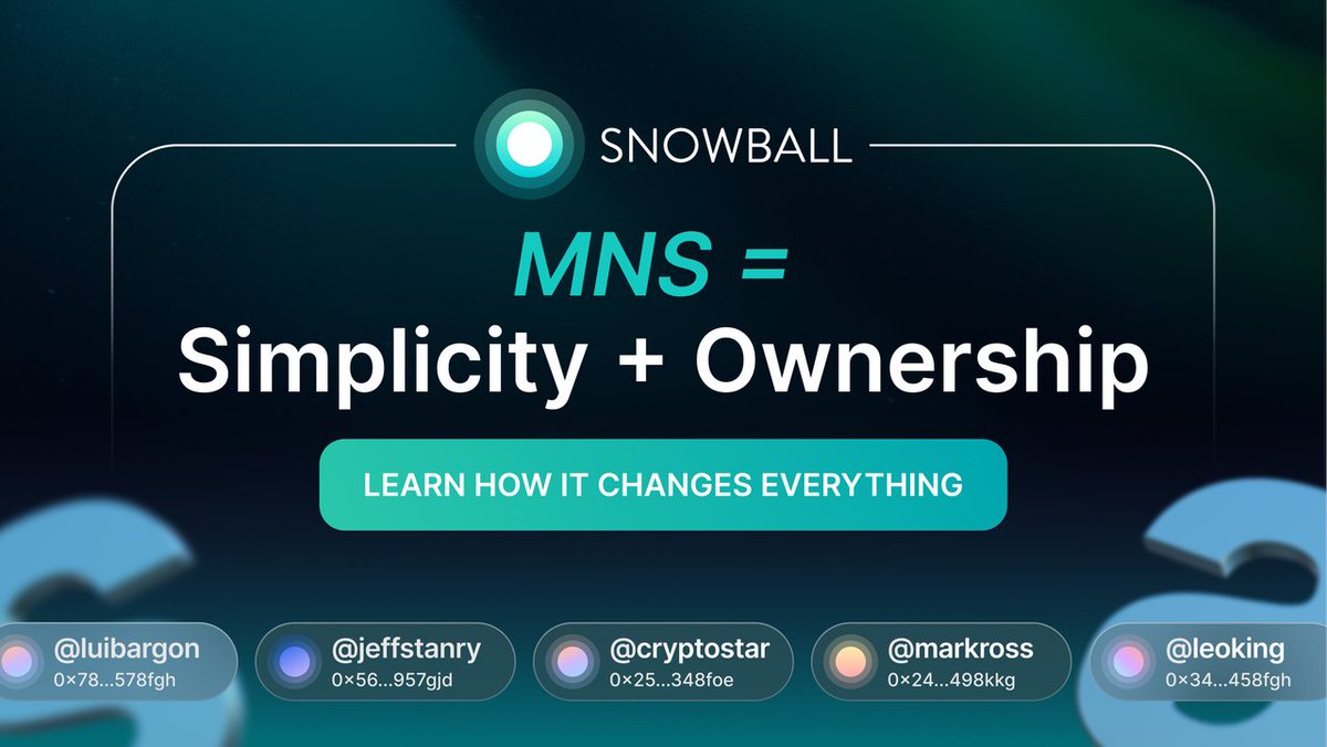 Snowball Money (@snowball_money) on Twitter photo What if your crypto identity worked EVERYWHERE?
Not just one chain, not just for domains, but for everything in Web3.
That's what we've built with <a href="/snowball_money/">Snowball Money</a> MNS, the first truly modular naming system. MNS lets you create a human-readable, chain-agnostic username.
MNS = What if your crypto identity worked EVERYWHERE?
Not just one chain, not just for domains, but for everything in Web3.
That's what we've built with <a href="/snowball_money/">Snowball Money</a> MNS, the first truly modular naming system. MNS lets you create a human-readable, chain-agnostic username.
MNS =