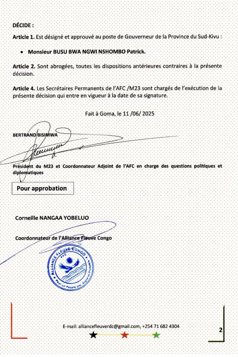 DÉCISION N° 020/COORDO-PR/AFC-M23/2025 DU 11/06/2025 PORTANT DÉSIGNATION ET APPROBATION D’UN GOUVERNEUR DE LA PROVINCE DU SUDKIVU.