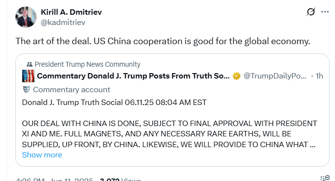 putinin "oikea käsi" juhlii Trumpin Kiinan kanssa tekemää diiliä. 

Miksi? 🤔

Sama oligarkki investointirahaston pääjohtaja neuvottelee USA:n kanssa myös Ukrainasta.
Ja kehuu ja jakaa jatkuvasti Muskin ja Trumpin postauksia.