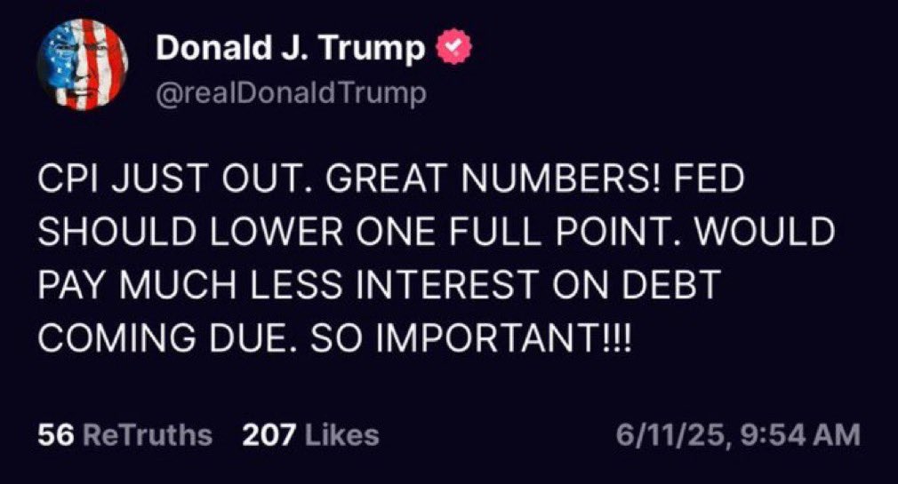 💥BREAKING:

TRUMP SAYS CPI DATA LOOKS GOOD &amp; FED SHOULD CUT RATES WITH A FULL POINT 🤯

BULLISH FOR MARKETS! 🚀