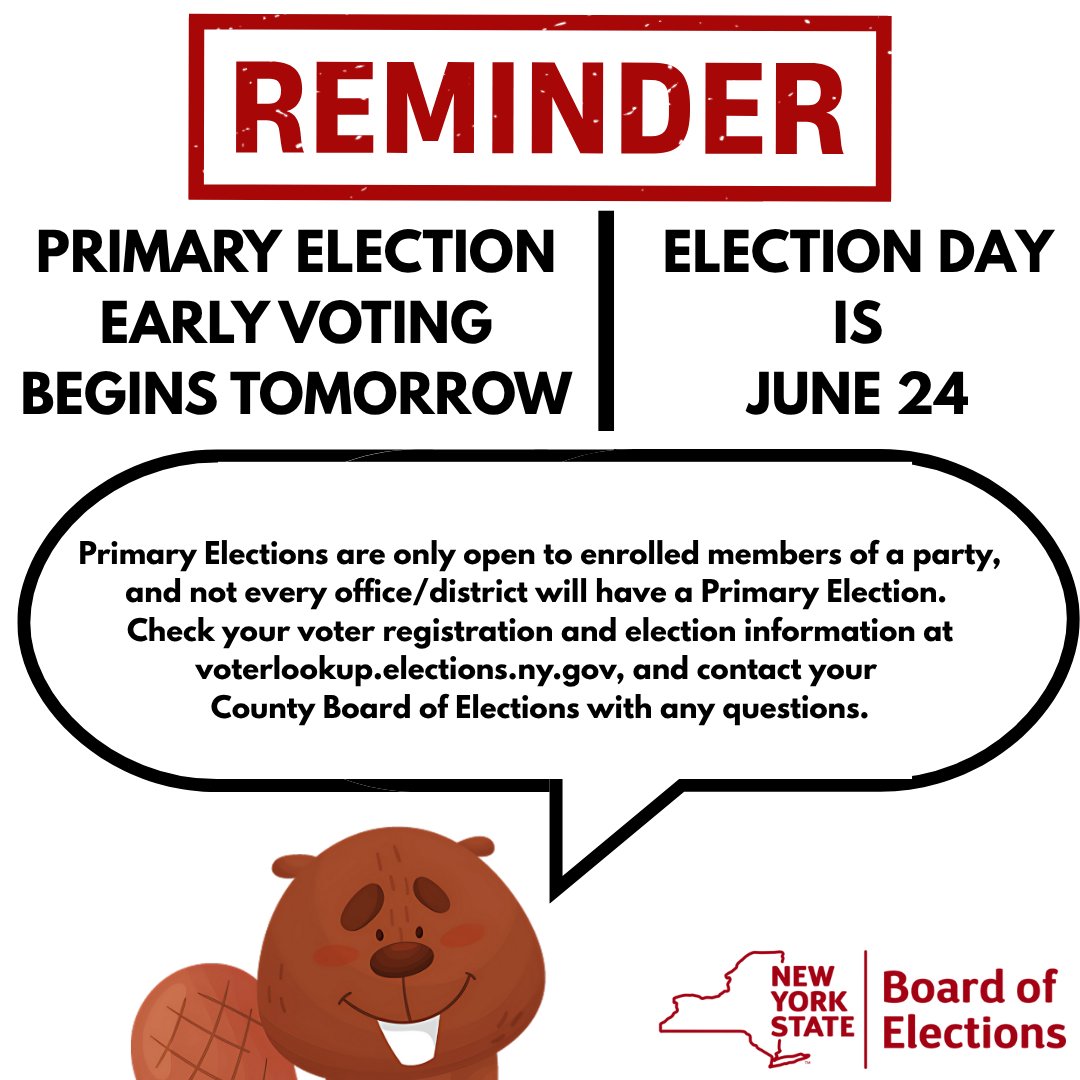 Attention New York voters: Early Voting for the Primary Election begins tomorrow and runs through June 22nd! Not yet registered to vote? You have until tomorrow, June 14, to register before the June Primary. Visit elections.ny.gov/register-vote to learn more about registration.