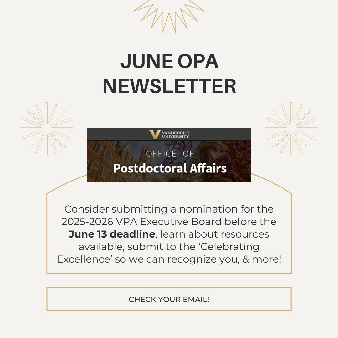 VandyOPA's tweet image. 📢🗞️ If you missed our monthly newsletter ✉️ last week, be sure to read about the upcoming VPA Board elections (+ consider submitting a nomination to serve!), upcoming funding opportunities, and other information specific to postdocs here: t.e2ma.net/message/r14r8i…