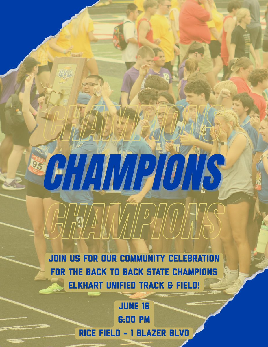 JOIN US FOR OUR COMMUNITY CELEBRATION FOR THE BACK TO BACK STATE CHAMPIONS
ELKHART UNIFIED TRACK &amp; FIELD!
JUNE 16 6:00 PM @ RICE FIELD