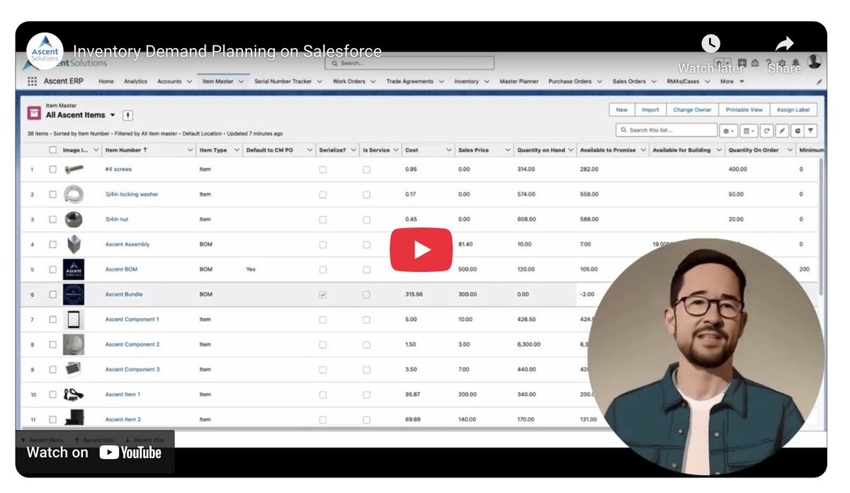 [New Video 📽️] Ready to take your demand planning to the next level? Discover how Ascent extends #Salesforce to empower retail, manufacturing, and distribution teams with real-time replenishment of items, kits, bundles, and more! bit.ly/449VKVP
#Inventory #ERP #CloudERP