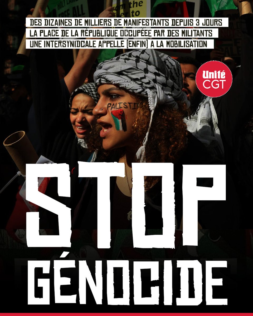 UniteCGT's tweet image. ✊🇵🇸 NOTRE PEUPLE FAIT BLOC POUR LA PALESTINE ! ✊
🔴Depuis plusieurs jours, la mobilisation en solidarité avec la Palestine monte en puissance.
LA CLASSE OUVRIERE NE SERA PAS COMPLICE DU GENOCIDE !