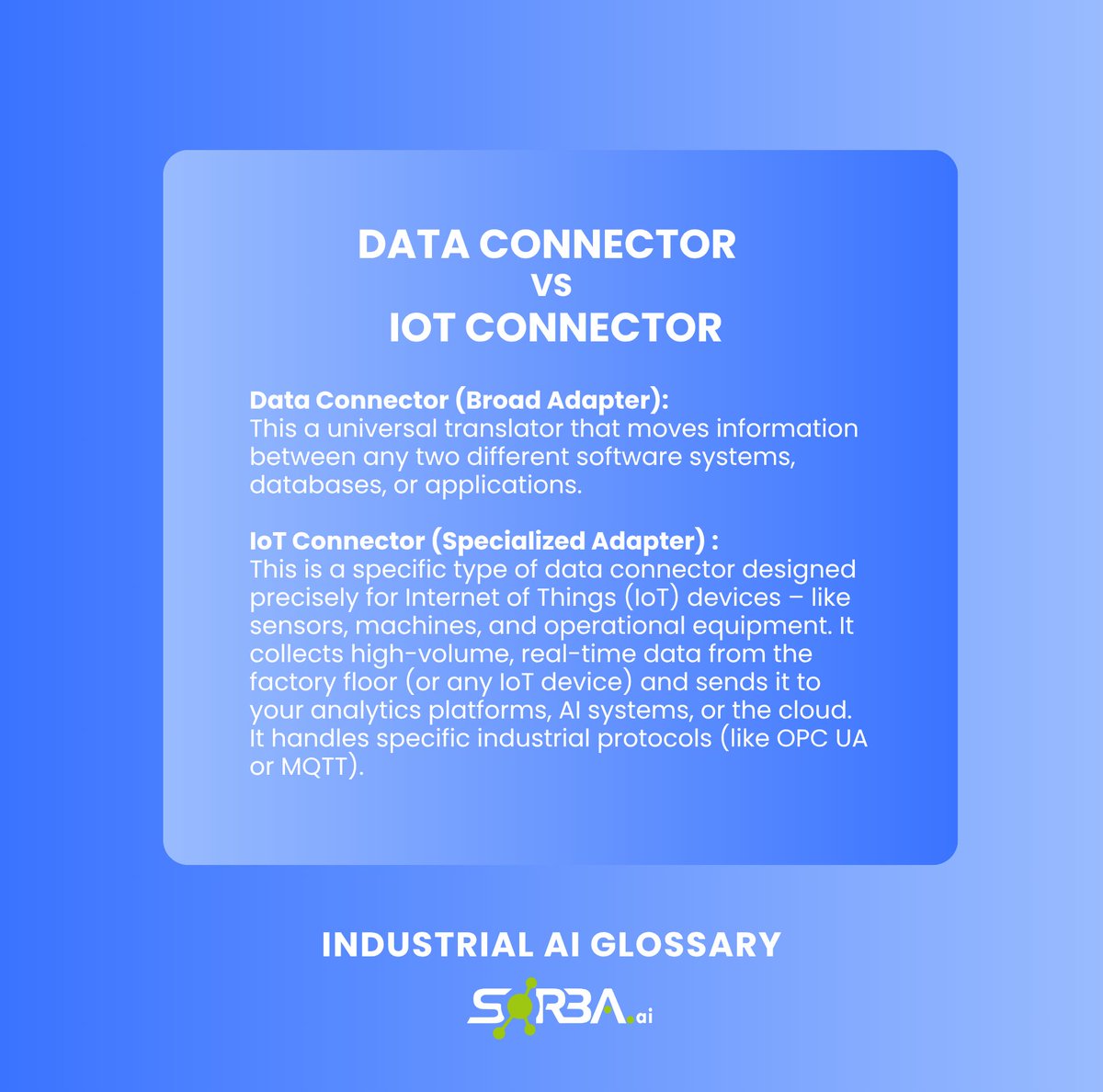 SORBAai's tweet image. Are they the same? 🤔  While an #IoT Connector is a type of #DataConnector, it&apos;s specifically built for the challenges of connecting &amp;amp; extracting data from physical devices &amp;amp; industrial assets. SORBA has over 60+ connectors at your fingertips! 
#iiot #datanalytics #AI