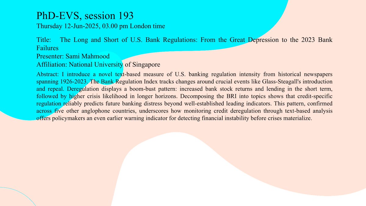 Join us this Thursday: Sami Mahmood, from National University of Singapore, presents:  "The Long and Short of U.S. Bank Regulations: From the Great Depression to the 2023 Bank Failures".    

Register: sites.google.com/view/phd-evs20…

#Bankregulation #US