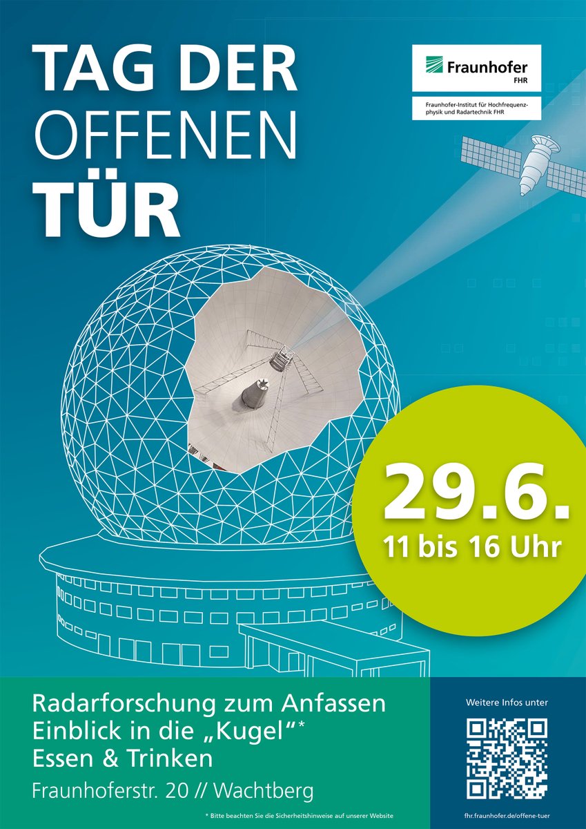 📡 Der Tag der offenen Tür beim Fraunhofer FHR naht: Am 29. Juni 2025, 11-16 Uhr, ist es soweit. Entdecken Sie in Wachtberg-Werthhoven unsere aktuelle #FuE und das #Weltraumbeobachtungsradar TIRA. 🎟️ Eintritt frei, keine Anmeldung nötig! Mehr Infos: bit.ly/44diy7e