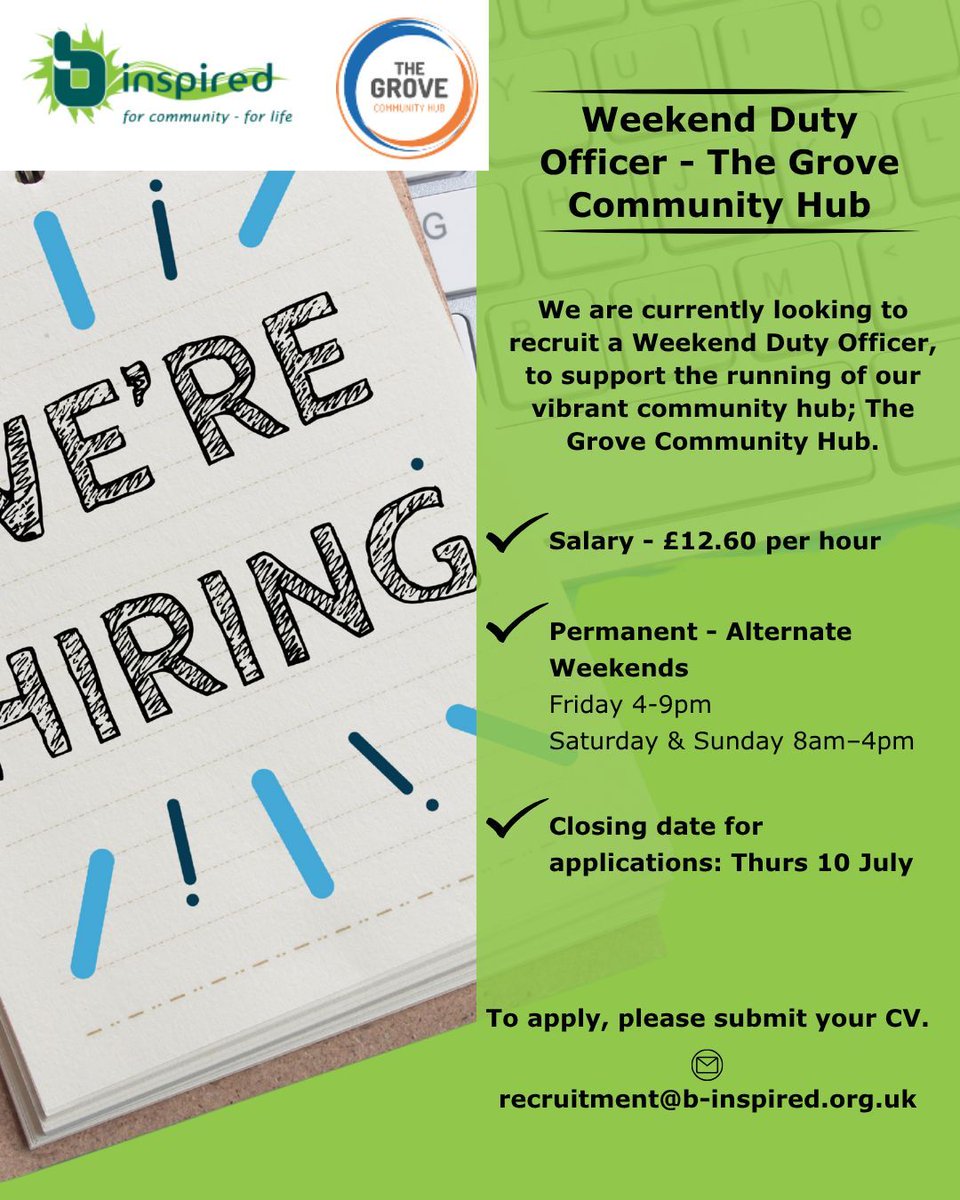 B-Inspired (@binspiredleics) on Twitter photo π£ Weβre hiring! Join the team at <a href="/thegrovehub/">Braunstone Grove</a> π
We're looking for a Weekend Duty Officer with energy, people skills & reliability πΌ
π© Apply: recruitment@b-inspired.org.uk
π More info: buff.ly/qsmm5QT
Also recruiting bank & evening staff β get in touch! π£ Weβre hiring! Join the team at <a href="/thegrovehub/">Braunstone Grove</a> π
We're looking for a Weekend Duty Officer with energy, people skills & reliability πΌ
π© Apply: recruitment@b-inspired.org.uk
π More info: buff.ly/qsmm5QT
Also recruiting bank & evening staff β get in touch!