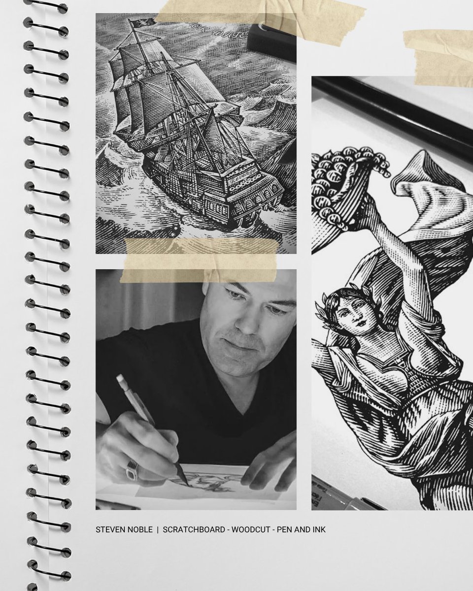 Theispot's tweet image. Steven Noble (@Noble_Artwork)&apos;s work covers a large variety of subject matter. 

He has created many nationally recognized logos and ad campaigns for a large list of clients.

Looking for an illustrator? Contact Steven for your next project! 💫

#scratchboardart #woodcut