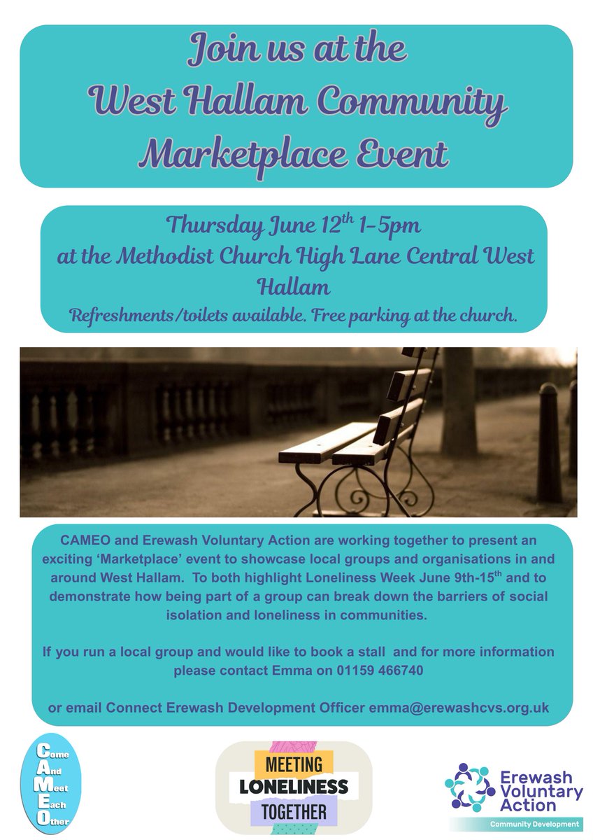 Erewash Voluntary Action (@erewashcvs) on Twitter photo Our Community Marketplace event takes place tomorrow in West Hallam. Feel free to drop in, or if you still wish to have a stall please contact Emma on 07794 817372 or email emma@erewashcvs.org.uk Our Community Marketplace event takes place tomorrow in West Hallam. Feel free to drop in, or if you still wish to have a stall please contact Emma on 07794 817372 or email emma@erewashcvs.org.uk