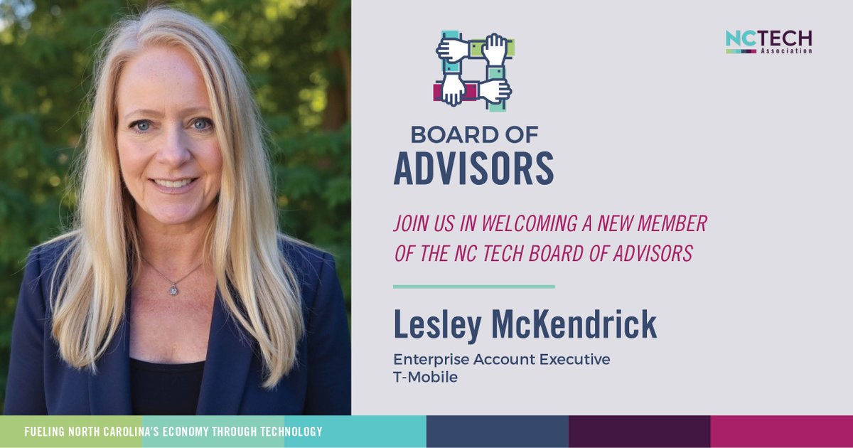Welcome to one of our newest #NCTECHAdvisors, Lesley McKendrick with <a href="/TMobile/">T-Mobile</a>!

Advisors serve as a resource by providing guidance and feedback, assisting with growing the membership, and promoting NC TECH through their networks.