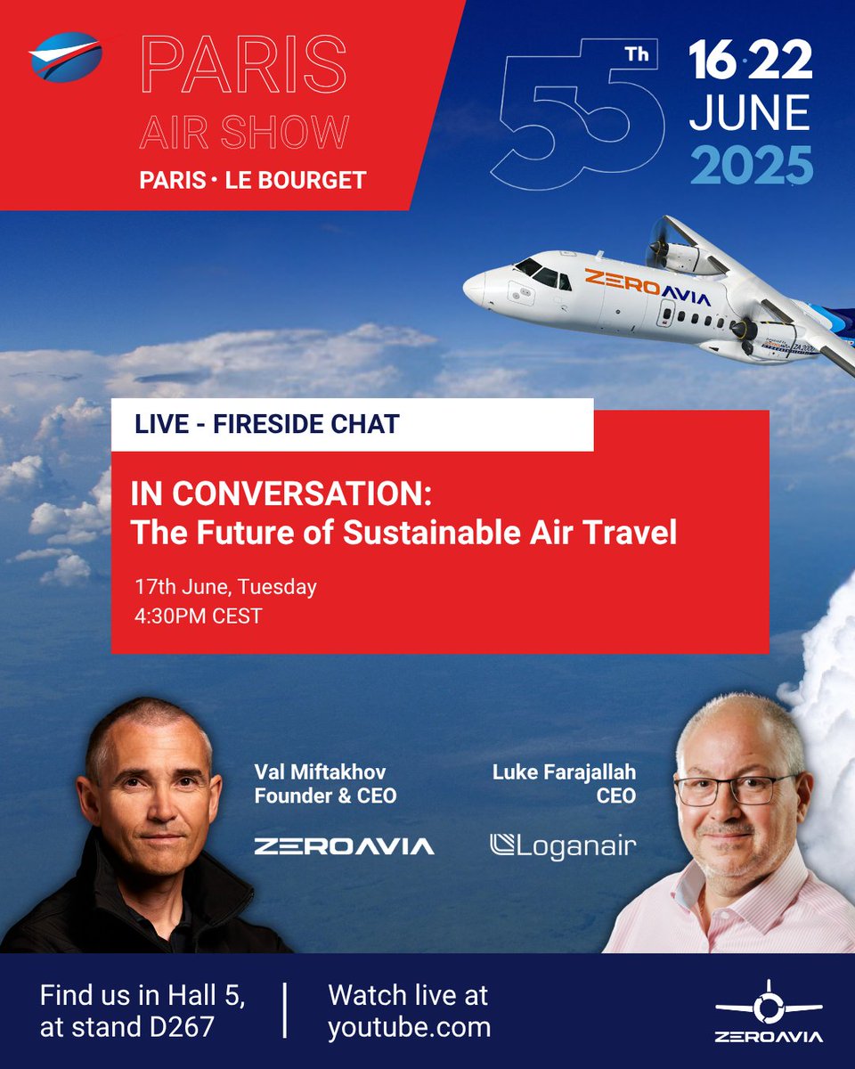 Join us at Hall 5 D-267 (both virtually or in-person) on 17th June, 4:30PM CEST at @Salondubourget! 

<a href="/FlyLoganair/">Loganair</a> CEO <a href="/LukeFarajallah/">Luke Farajallah</a> joins our founder @valeran to discuss the future of sustainable air travel. ✈️

Register now for calendar updates: eu1.hubs.ly/H0kXKpJ0