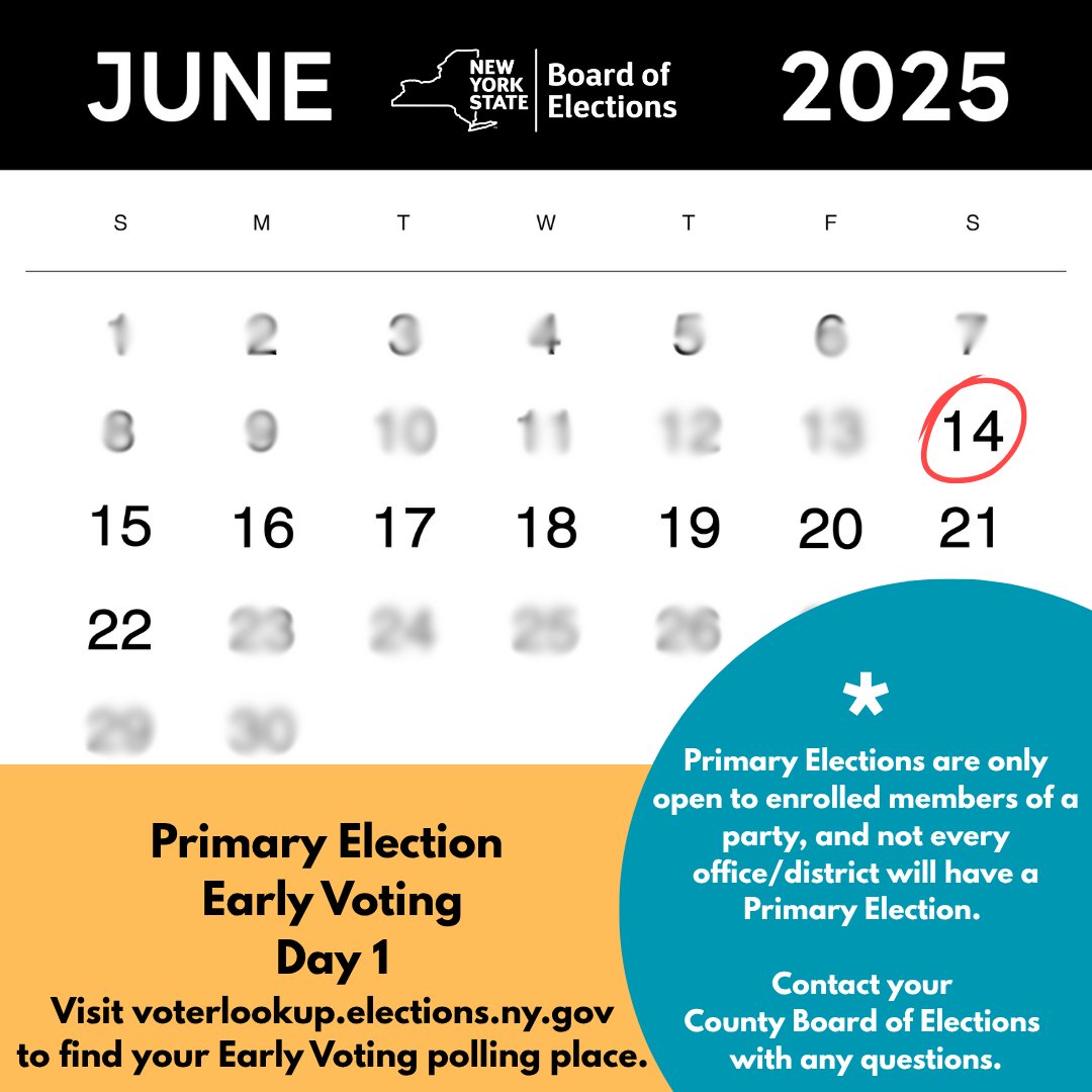 It’s the first day of Early Voting for the June Primary Election! Visit voterlookup.elections.ny.gov to find your Early Voting polling place.