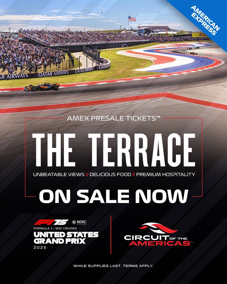 Amex Presale Tickets™ for the 2025 #USGP Terrace are live, while supplies last! Get tickets with your @americanexpress Card before this premium hospitality opens to the public!
 
Public on-sale begins June 18th at 10AM CDT.

Buy now ➡️ link in bio